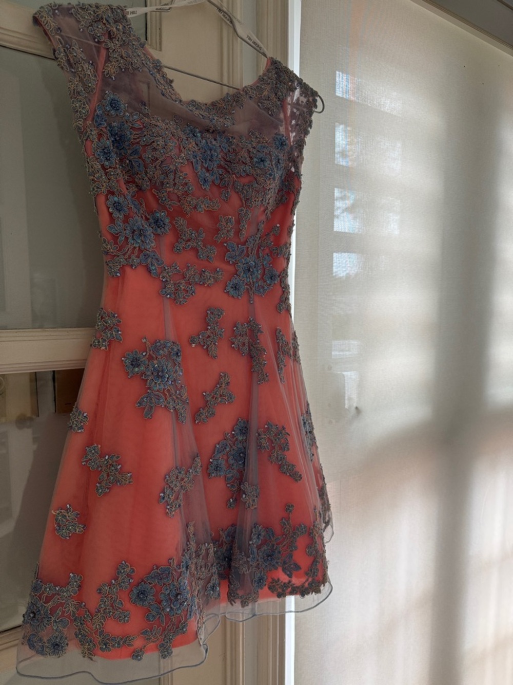 Sherri Hill Coral Pink Cocktail Dress with Blue Floral Appliqué